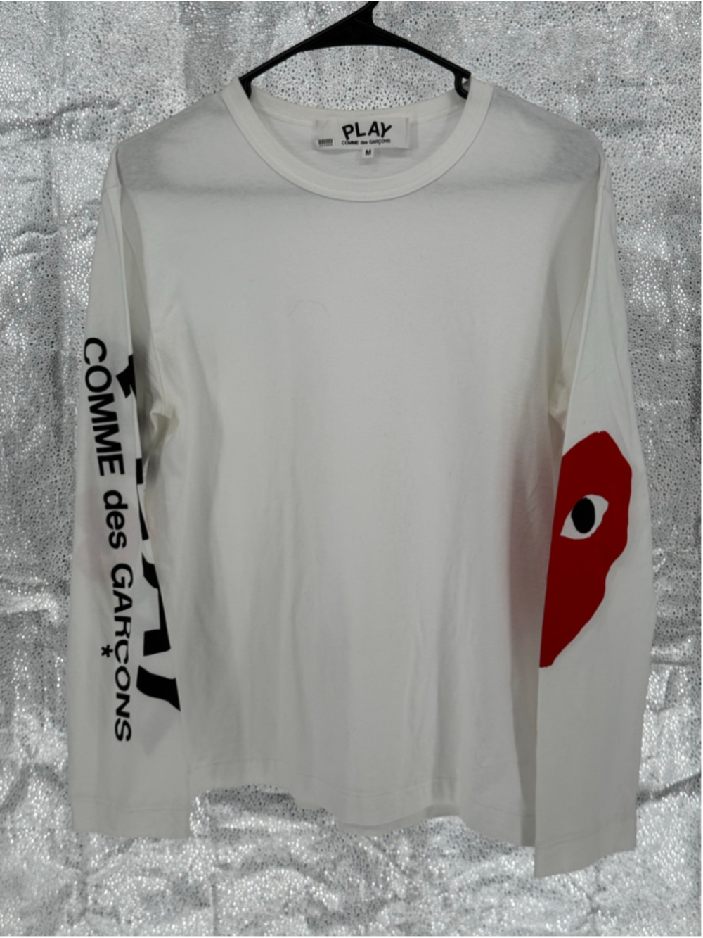 Men's Comme des Garçons PLAY Long Sleeve Tee, Size M, White and Red